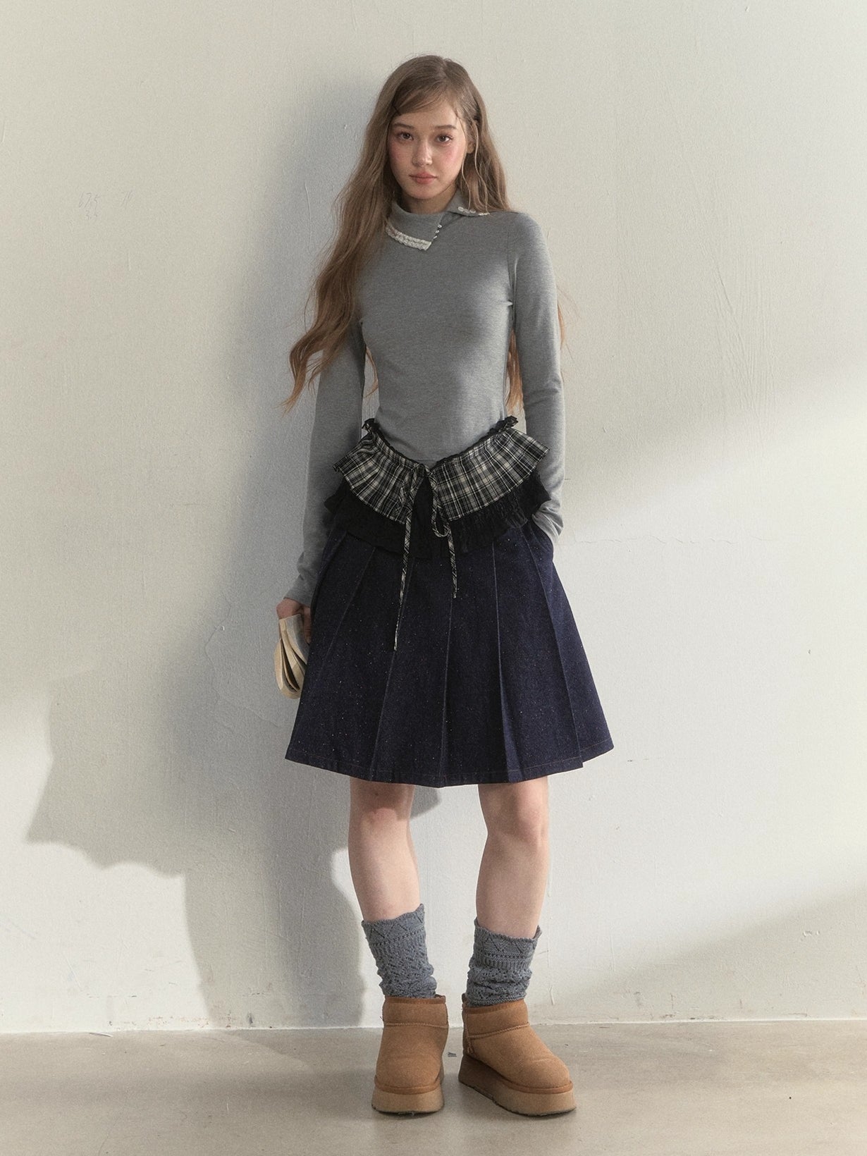Layered Pleated Mock-Neck Knit T-Shirt