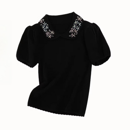 Frozen Flower Ribbon Embroidered Knit Top