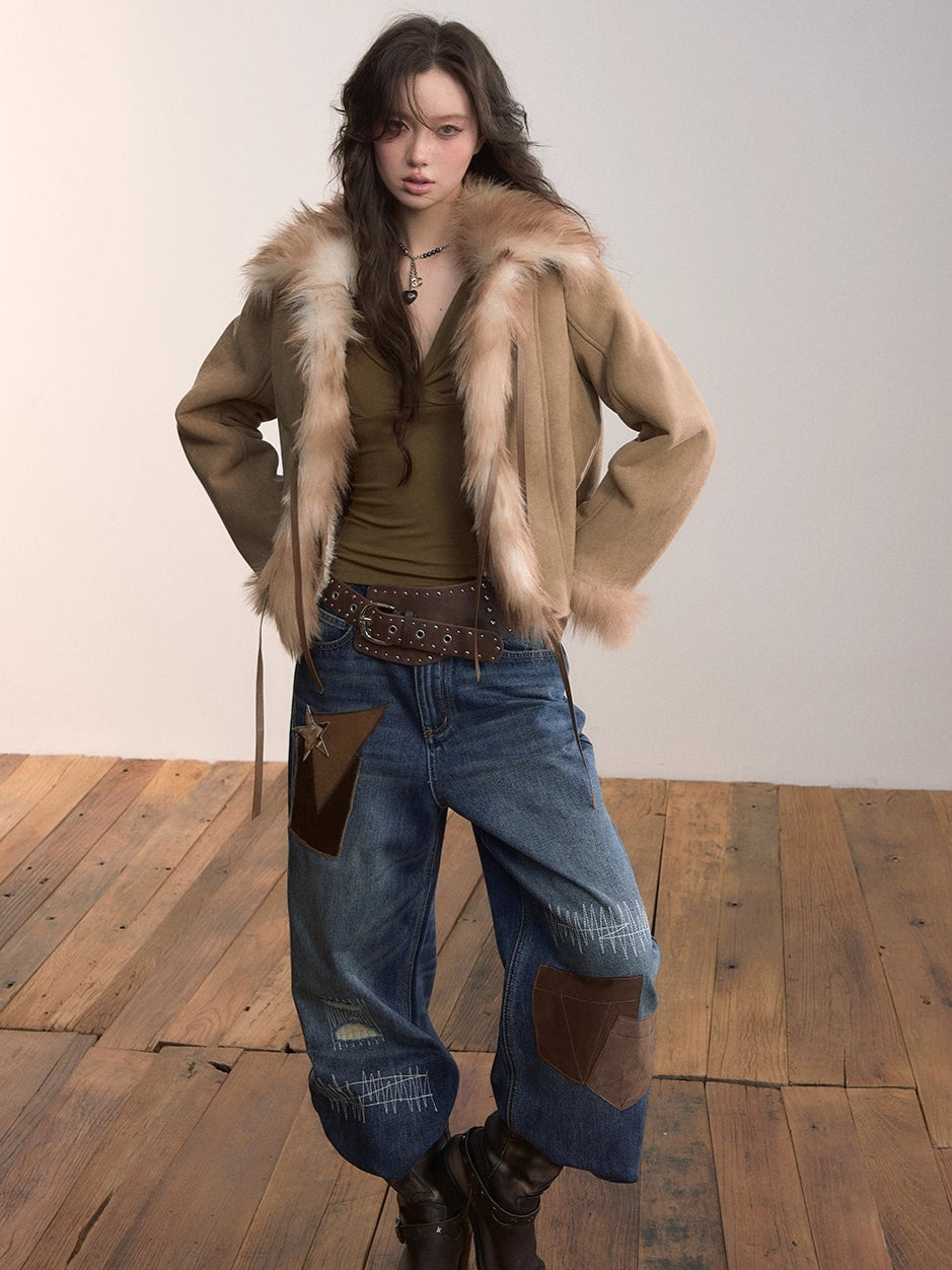 Faux Shearling Bow-Tie Collar Jacket