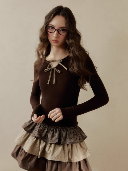 Layered Knit Plaid Tiered Puff Dress