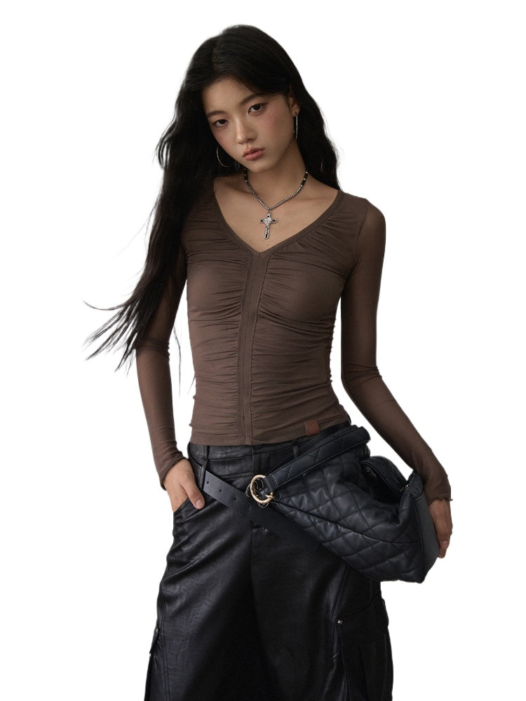 V-Neck Ruffled Mesh Slim Long-Sleeve Blouse - CHINASQUAD