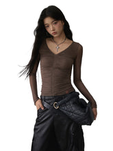 V-Neck Ruffled Mesh Slim Long-Sleeve Blouse - CHINASQUAD