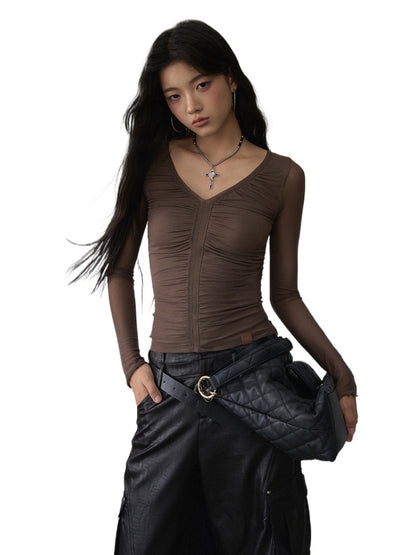 V-Neck Ruffled Mesh Slim Long-Sleeve Blouse - CHINASQUAD