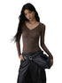 V-Neck Ruffled Mesh Slim Long-Sleeve Blouse - CHINASQUAD