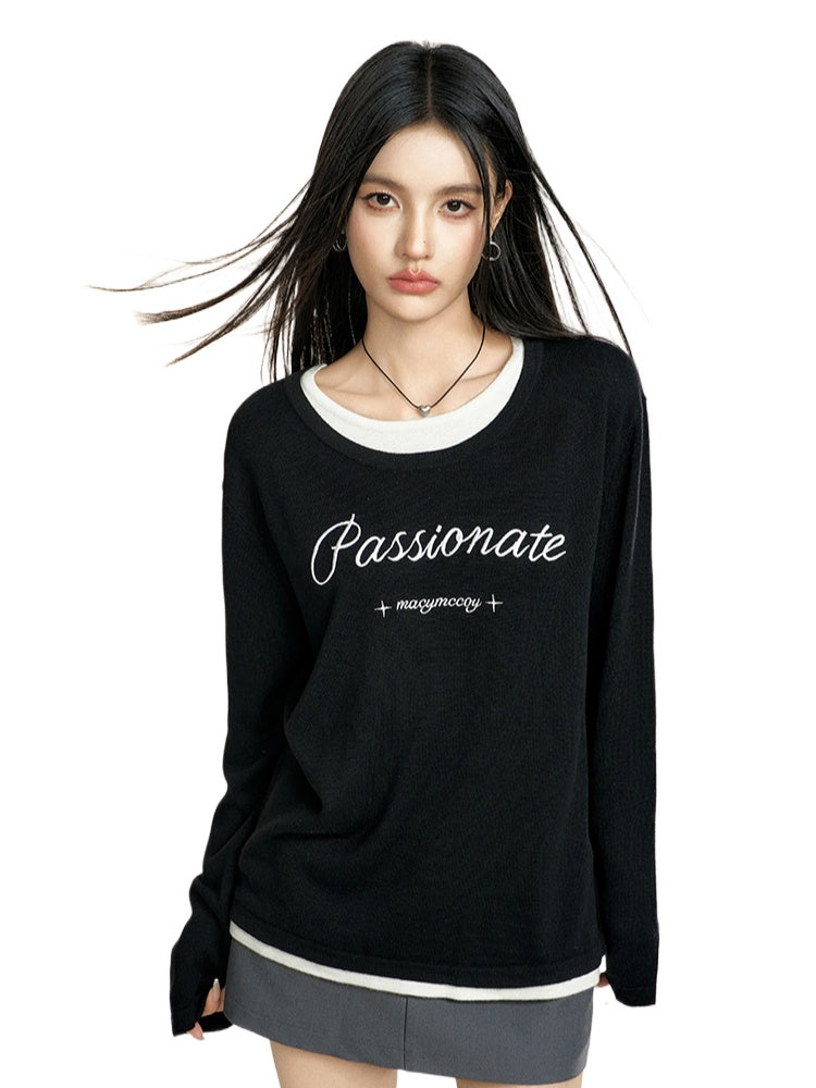 Black Crewneck Letter Embroidered Sweater