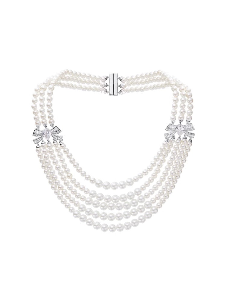 Multi-Layer Pearl Bow Choker Necklace