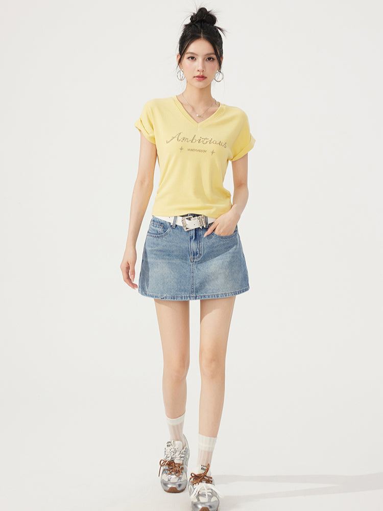 V-neck Waist-cinching Rhinestone Tee - CHINASQUAD