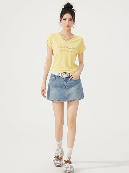 V-neck Waist-cinching Rhinestone Tee - CHINASQUAD