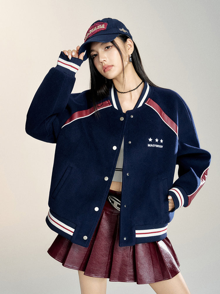 Navy Block Faux Leather Baseball Jacket