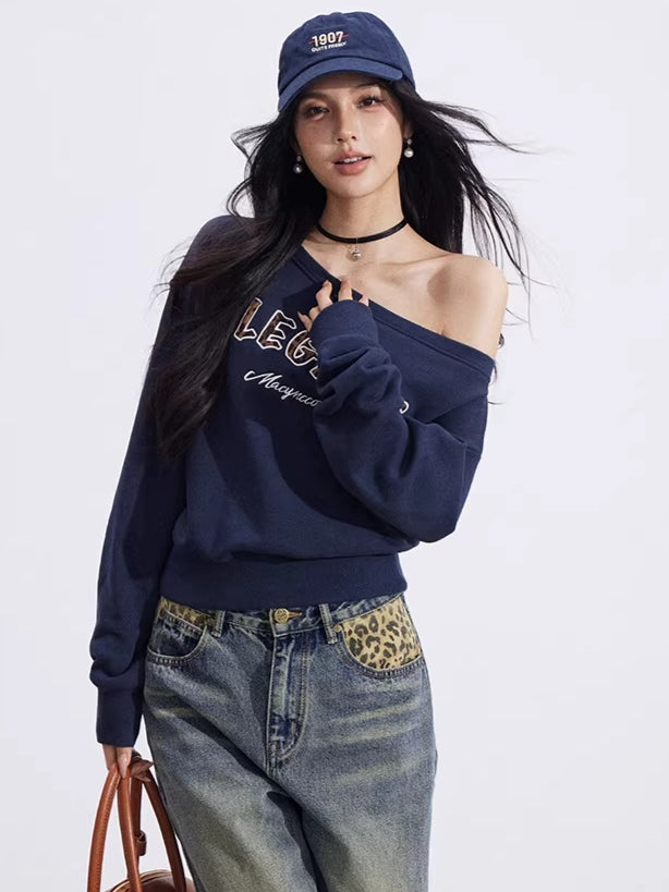 Off-Shoulder Letter-Print Cropped Sweatshirt