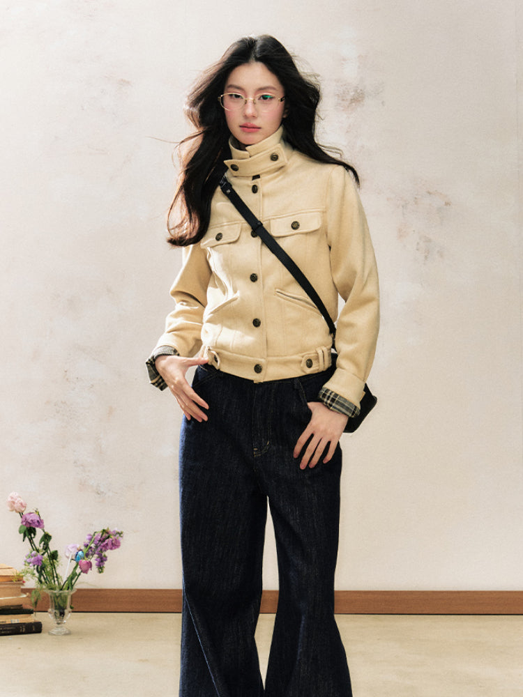 Khaki Suede Korean-Style Short Jacket