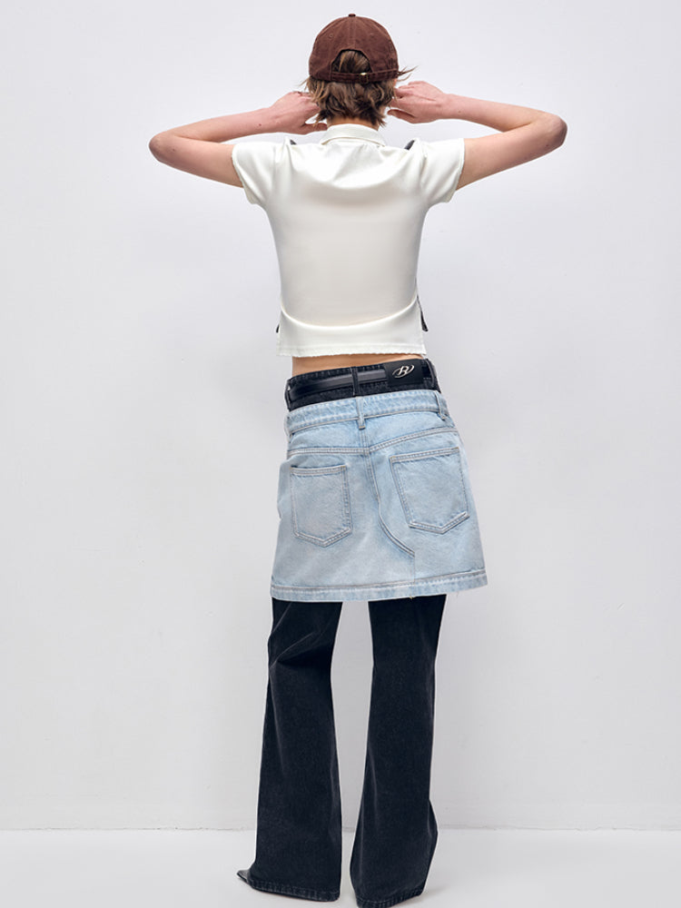 Color Block PatchworkFake Two-Piece Denim Flared Skirt Pants