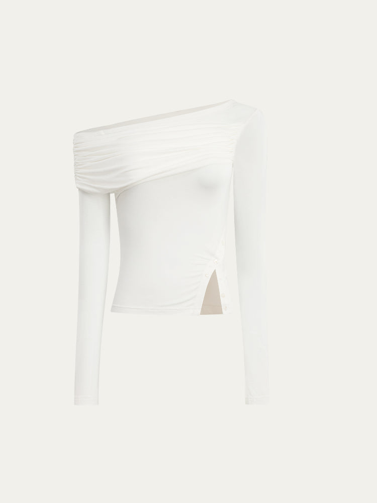 Asymmetric Shoulder Voluminous Ruched T-Shirt - CHINASQUAD