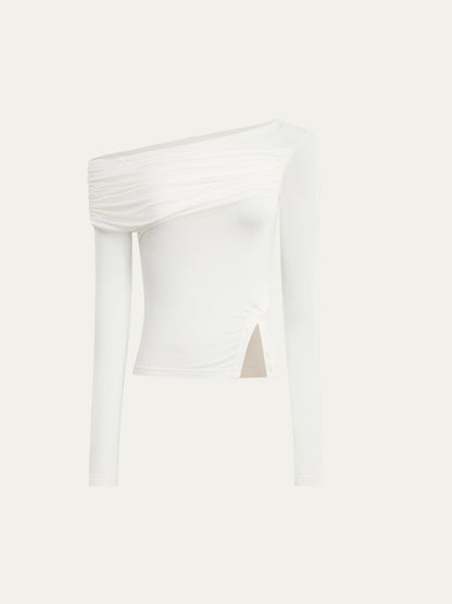 Asymmetric Shoulder Voluminous Ruched T-Shirt - CHINASQUAD