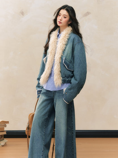 Loose Denim Fur-Trimmed Jacket