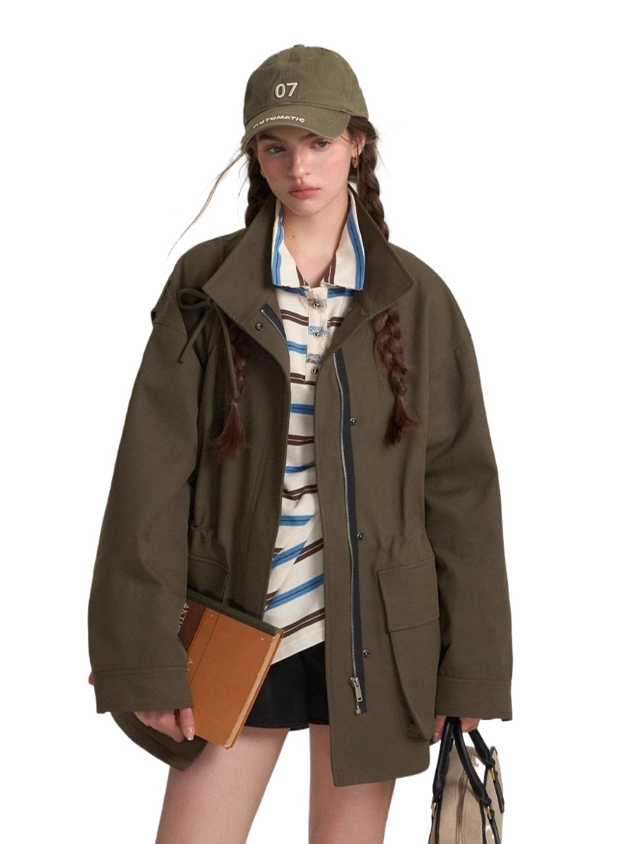 Drawstring Bow Double Zipper Field Jacket