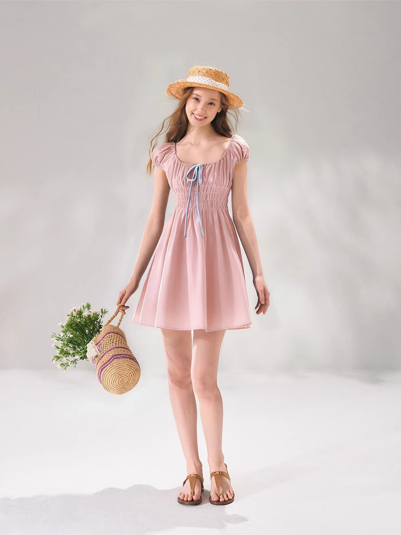 French Floral Tie-Waist Square Neck Puff Sleeve Dress