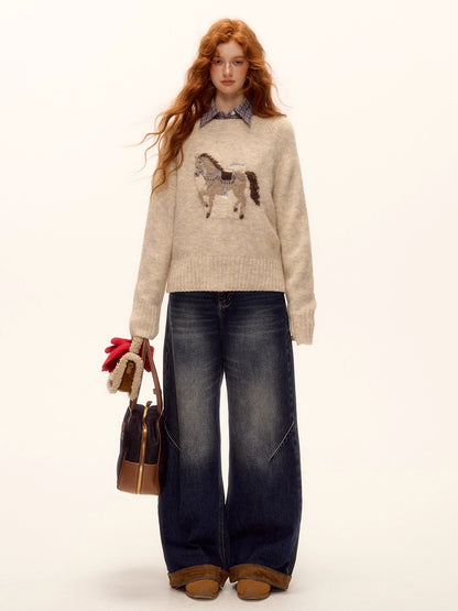 Wool Blend Horse Jacquard Embroidered Sweater