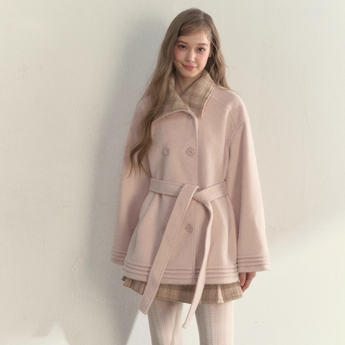 Khaki &amp; Misty Pink Plaid Collar &amp; Belt  Wool Coat