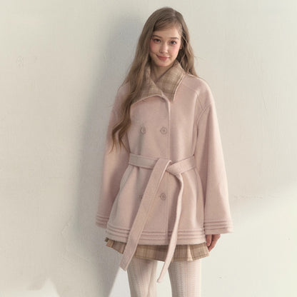 Khaki &amp; Misty Pink Plaid Collar &amp; Belt  Wool Coat