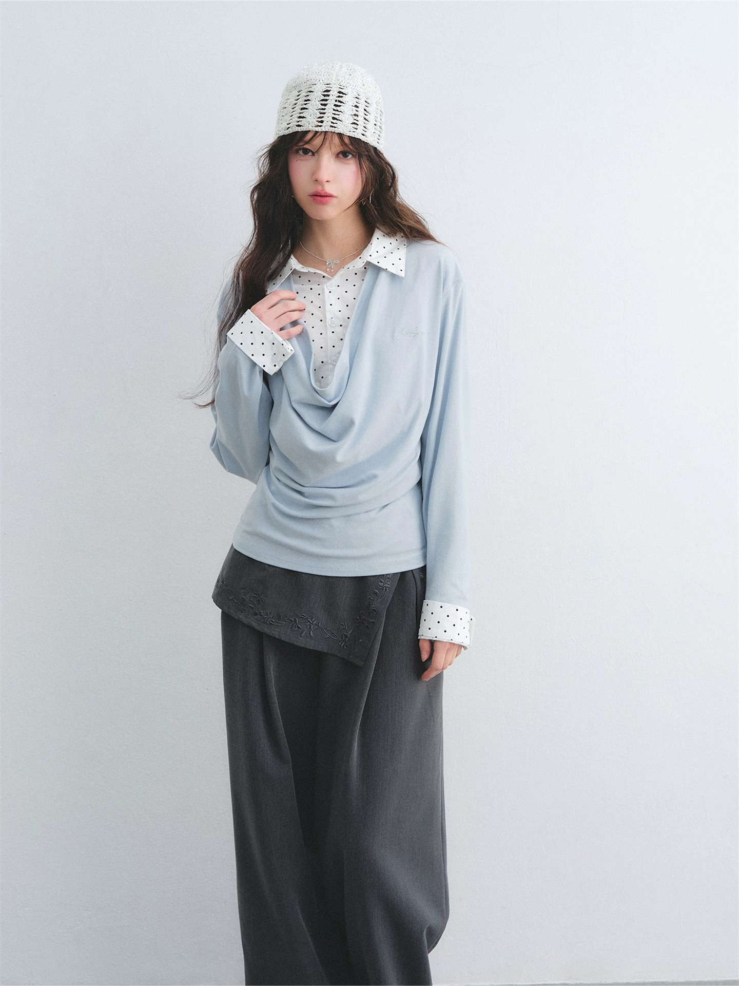 Polka Dot Shirt Panel Faux-Layer Draped Collar Top