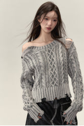 Grey & Brown Round-neck Distressed Vintage Sweater - CHINASQUAD