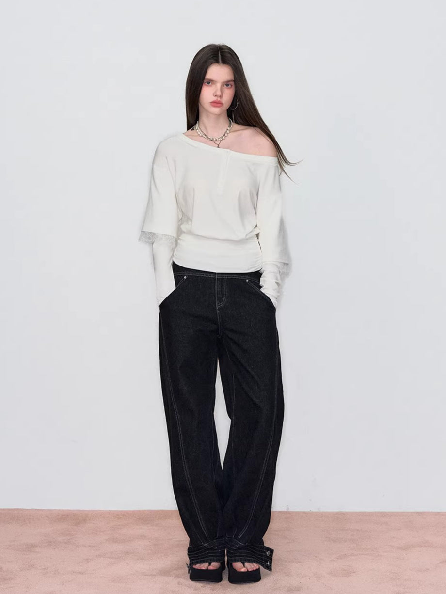 Asymmetric Lace-Panel Faux Layered T-Shirt