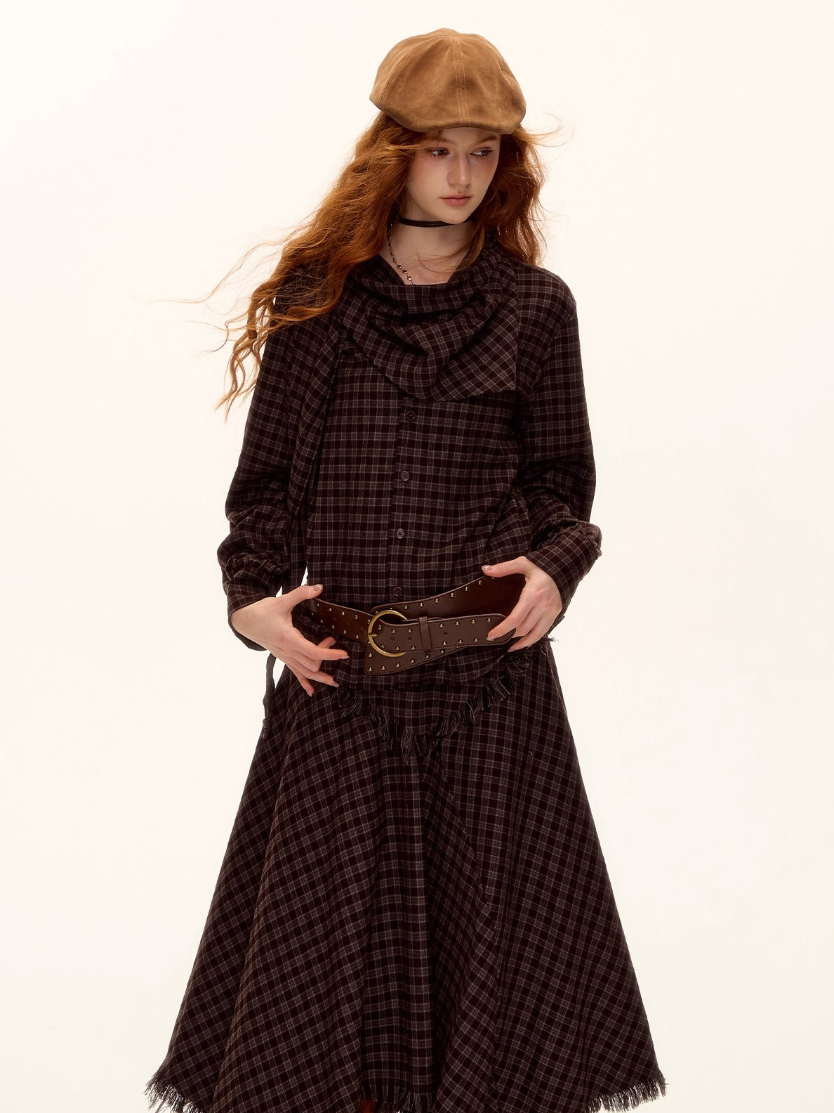 Vintage Plaid Beaded Tie-Scarf Shirt