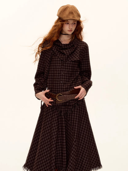 Vintage Plaid Beaded Tie-Scarf Shirt