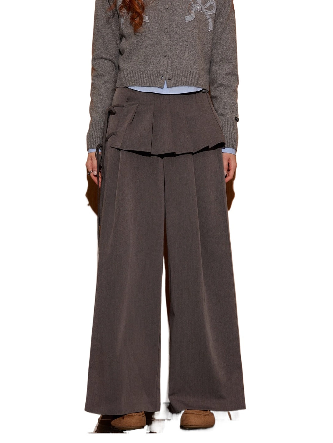 Pleated Overlay Wide-Leg Relaxed Trousers