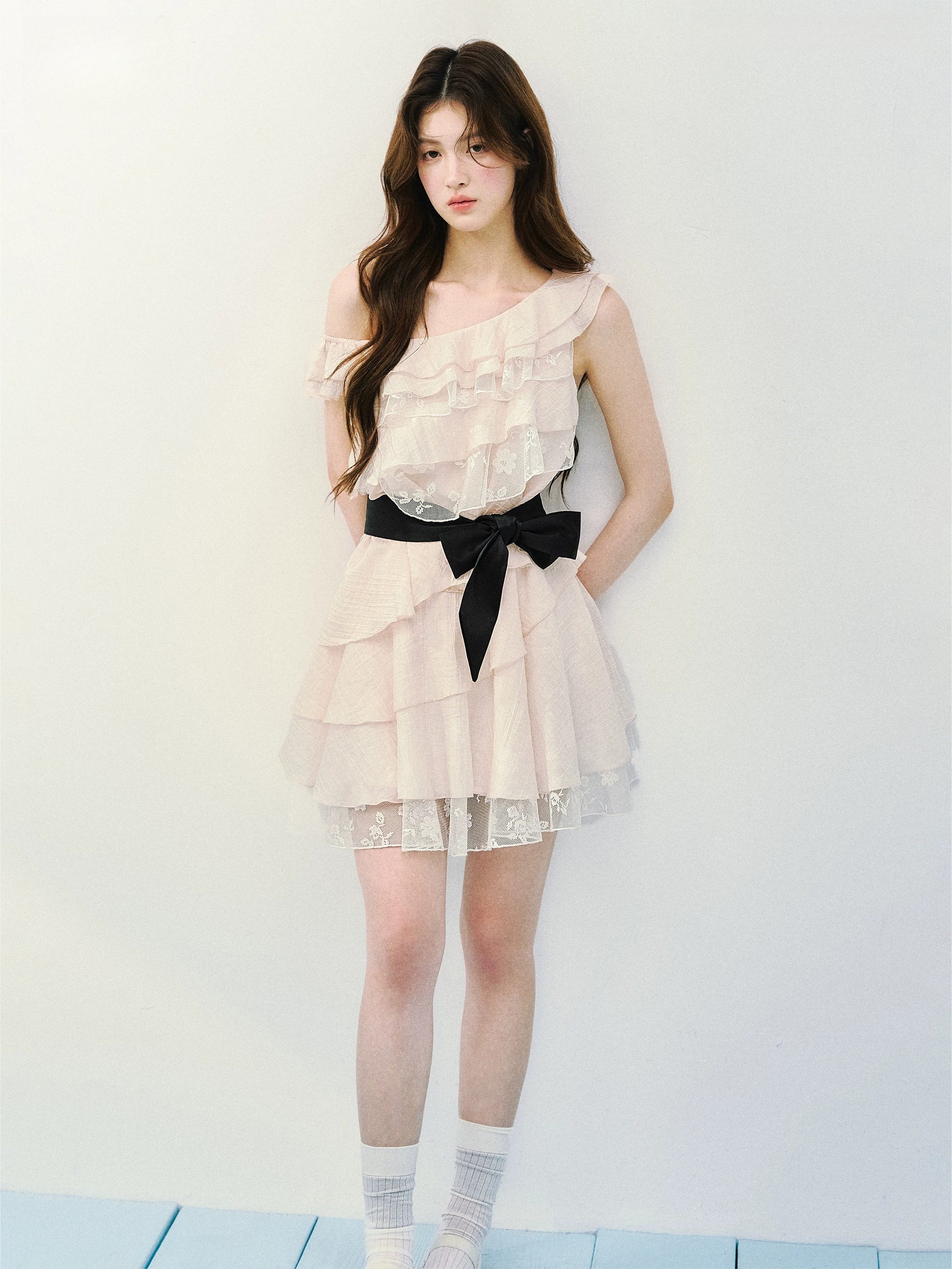 Asymmetric Lace Tiered Ruffle Dress