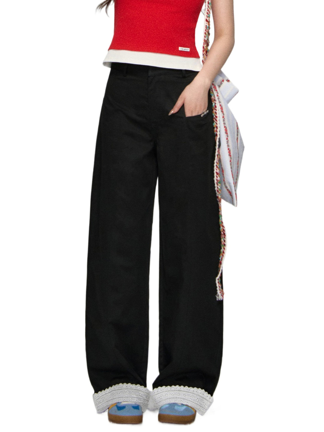 Lace-Trim Relaxed Blade-Cut Pants