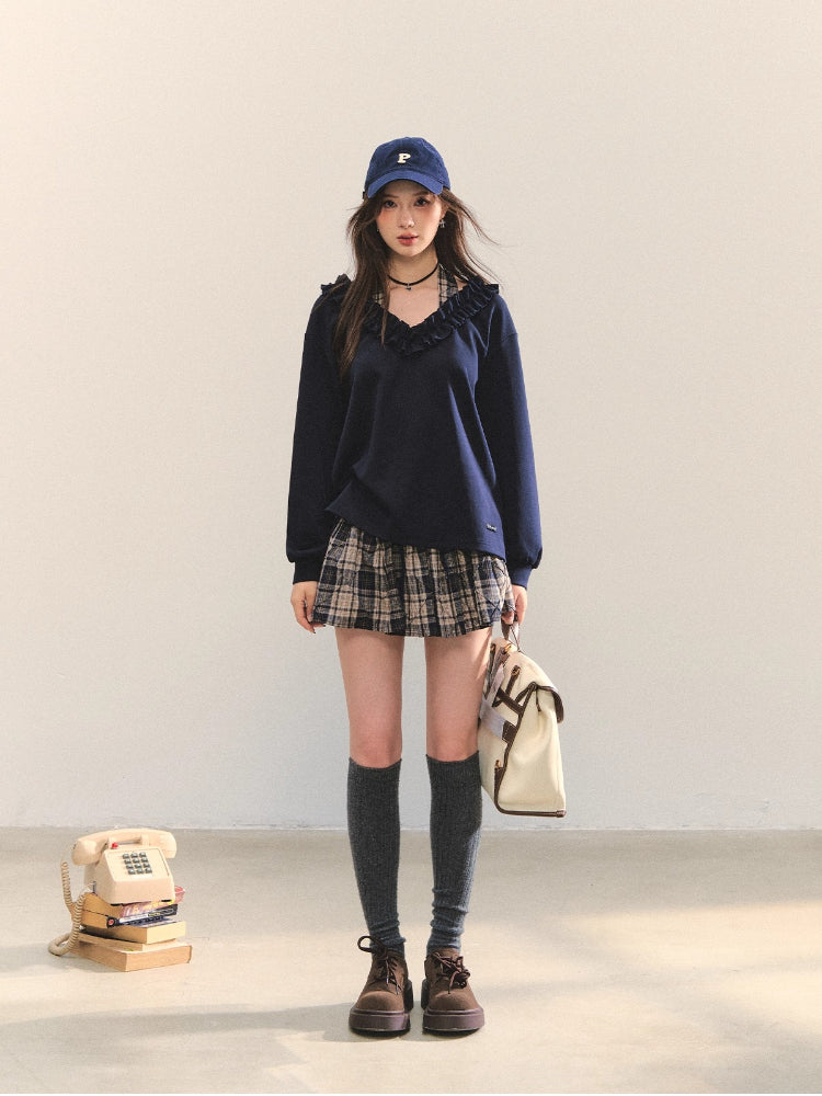 V-neck Ruffle Plaid Spliced Halter Sweatshirt