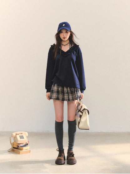 V-neck Ruffle Plaid Spliced Halter Sweatshirt