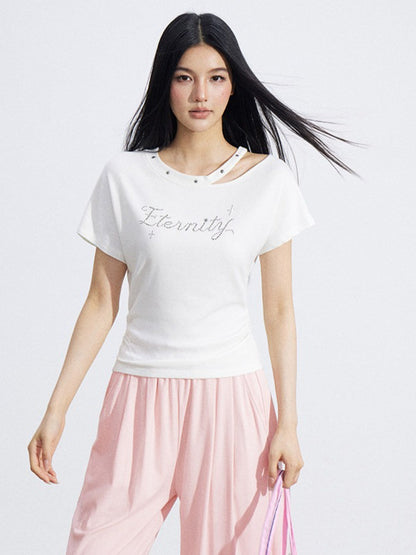Rhinestone Off-Shoulder Slim-Fit T-Shirt