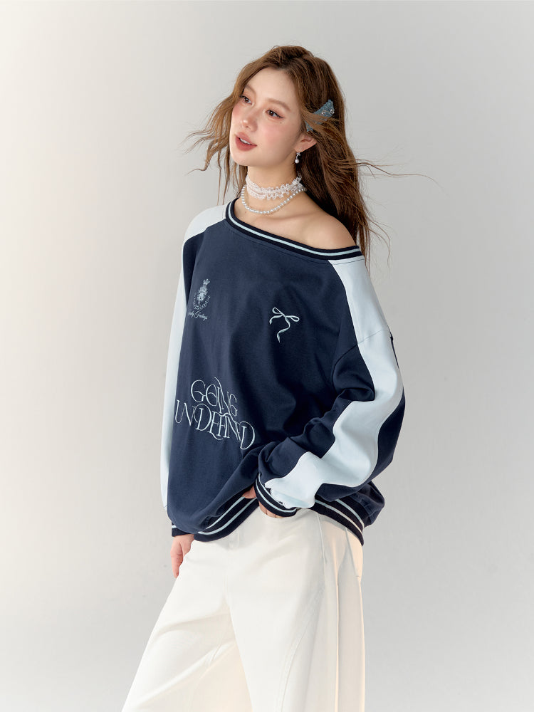 American Style Sporty Color-block Off-Shoulder Sweatshirt