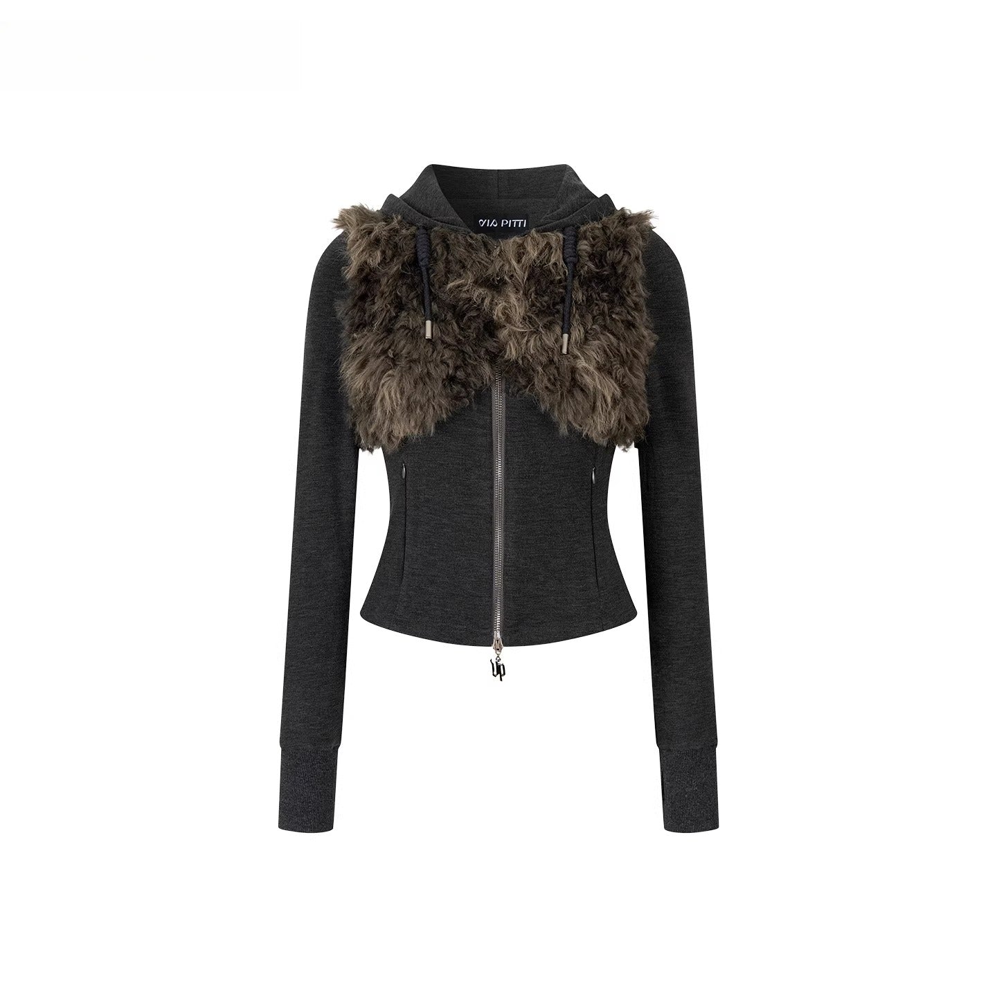 Faux Fur Drawstring Zip-up Hoodie