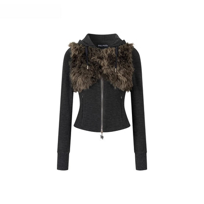 Faux Fur Drawstring Zip-up Hoodie