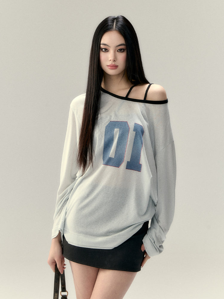 Letter Contrast Color Large Neck T-shirt