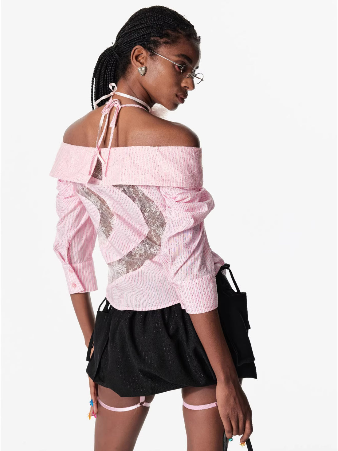 Lace Shoulder Strap Off-Shoulder Shirt - CHINASQUAD