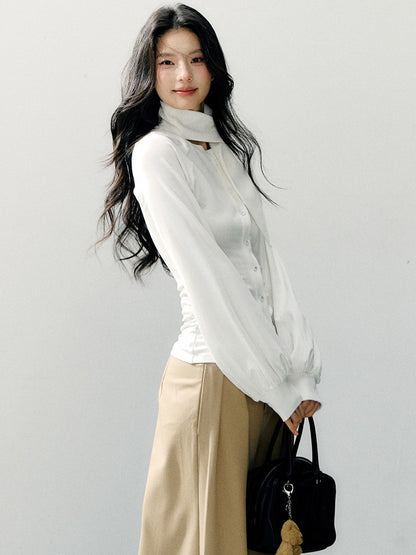 Scarf Collar Fitted Knit Long Sleeve Shirt