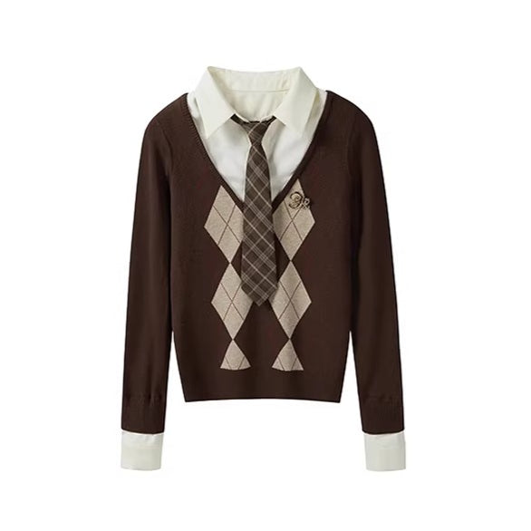 Two-in-One American Argyle Knit Sweater