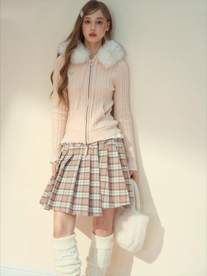 Detachable Fur Collar Blush Zip-up Knit Cardigan