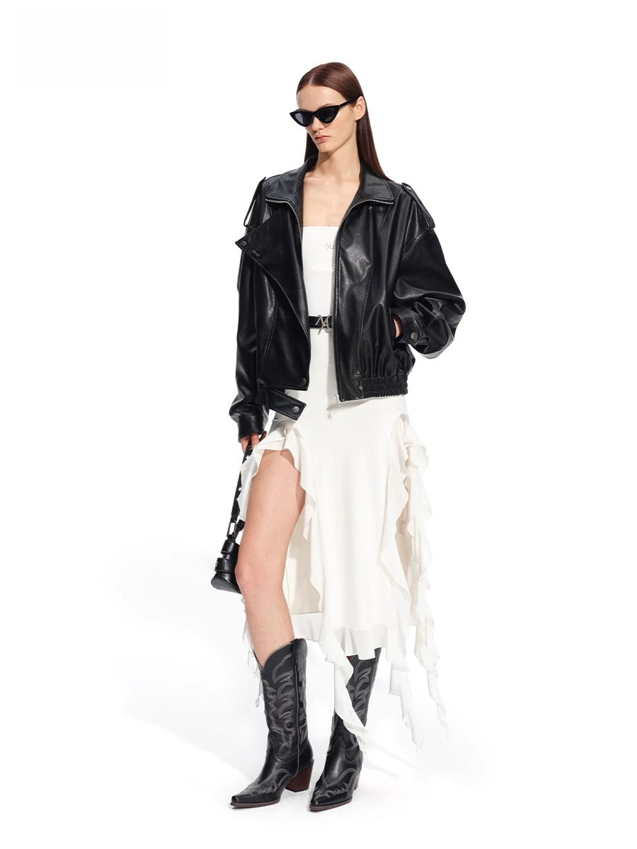 &quot;Rose Series&quot; Oversized Collar Faux Leather Jacket