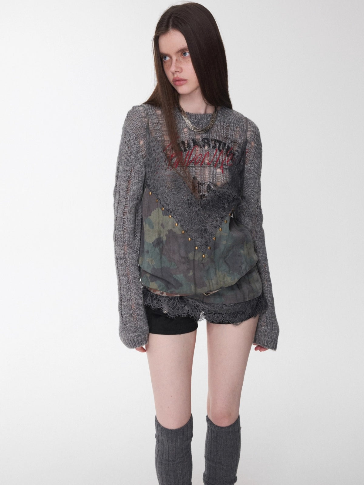 Camouflage V-Neck Lace-Trim Rhinestone Camisole