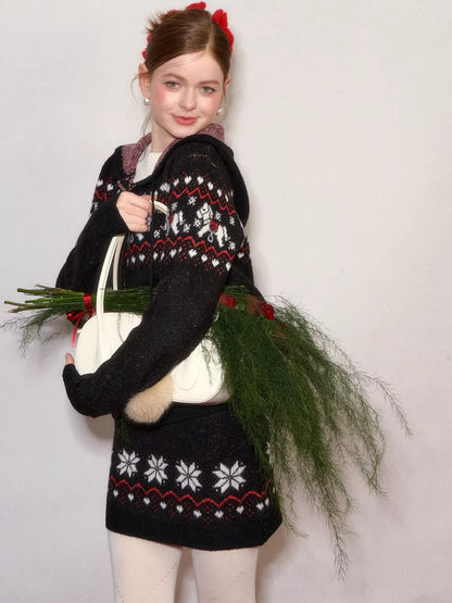 Hooded Knit Cardigan &amp;  Mini Skirt Two-Piece Set