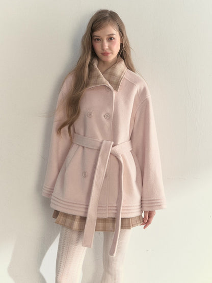 Khaki &amp; Misty Pink Plaid Collar &amp; Belt  Wool Coat