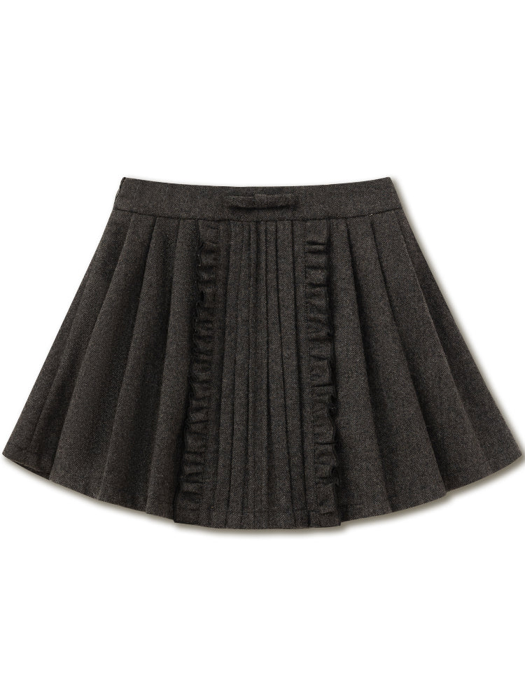 Wool-Blend Wooden Ear Detail Pleated Skirt