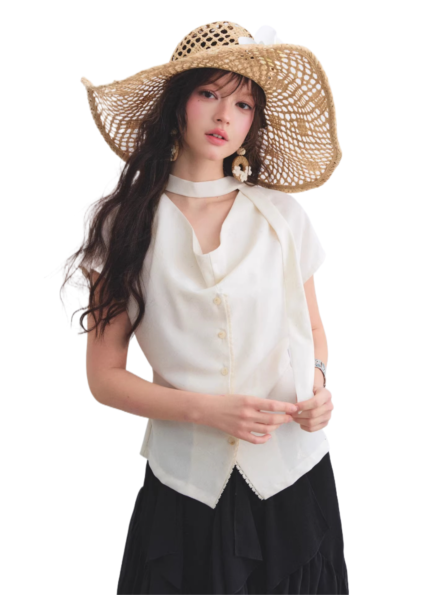 Linen Blend Lace Trim Draped Neck Tie-Waist Blouse