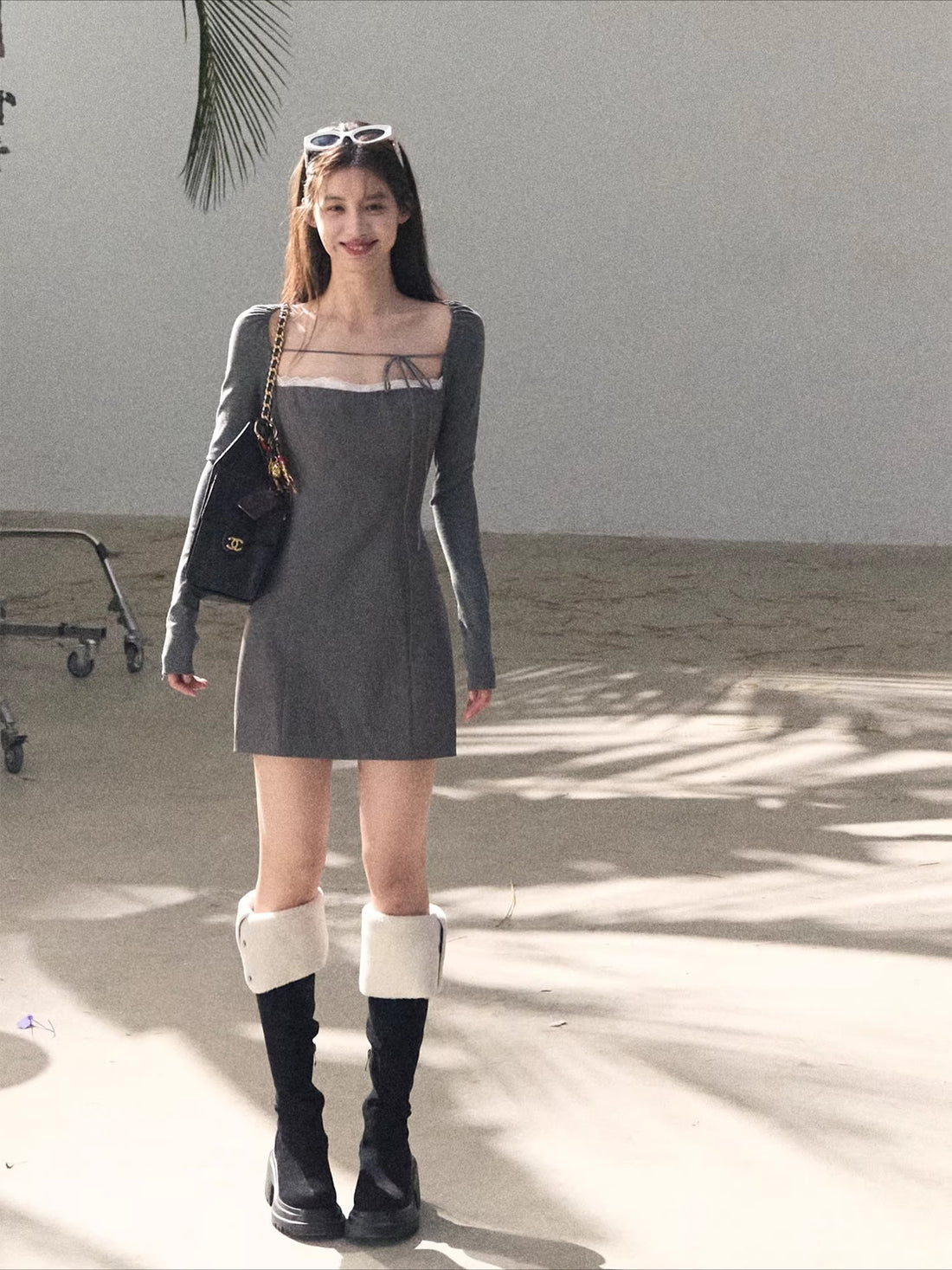 Slim-Fit Black Waist-Cinched Long-Sleeve Dress